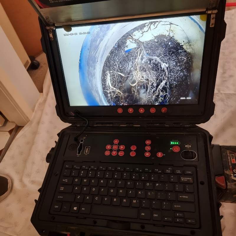 Using the Razorback Drain Camera, you can see clearly that roots are blocking the pipe.