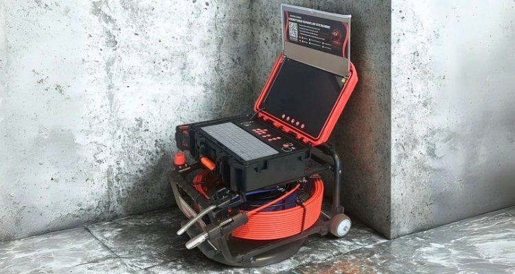 Razorback The Boar 21mm drain camera with a 13-inch LCD screen and rugged reel, ideal for professional plumbing inspections.