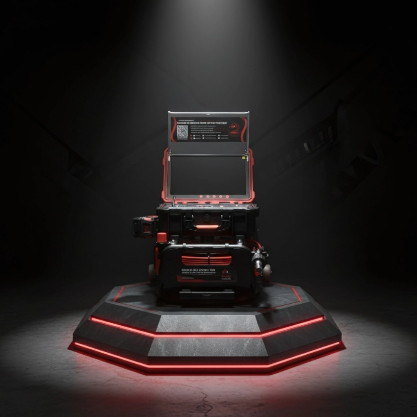 The Double P - Razorback Drain Camera is Displayed Facing Forward on a Black Product Display Stand