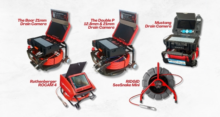 Comparison of top 2025 drain cameras, including Razorback The Boar, Double P, RIDGID SeeSnake Mini, Mustang, & Rothenberger ROCAM 4