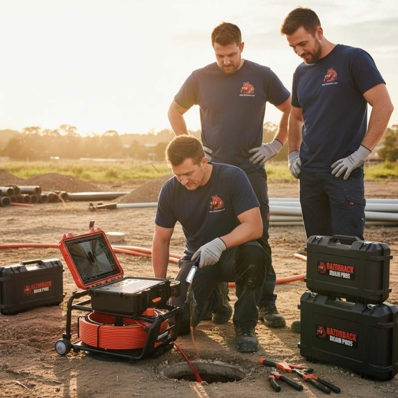 An Australian plumber demonstrating a Razorback Drain Camera on a sunny worksite while two other plumbers observe, showcasing the camera’s reliability and innovation.