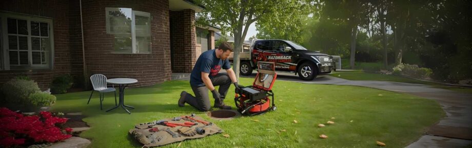 Plumber using a Razorback drain camera beside a house, with a service van in the background.