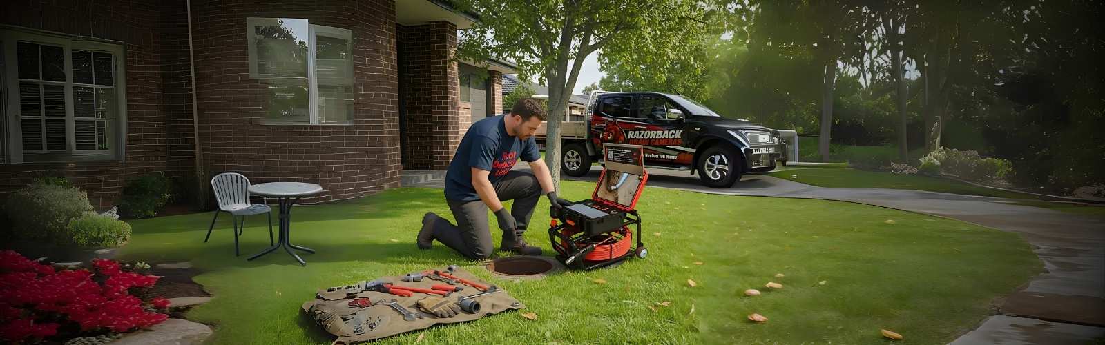 Plumber using a Razorback drain camera beside a house, with a service van in the background.