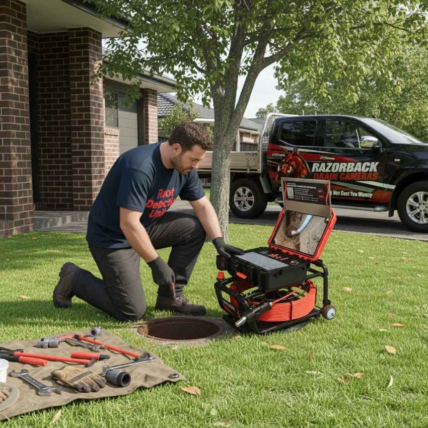 Razorback drain inspection camera in use, showing HD pipe images for Aussie plumbing jobs.