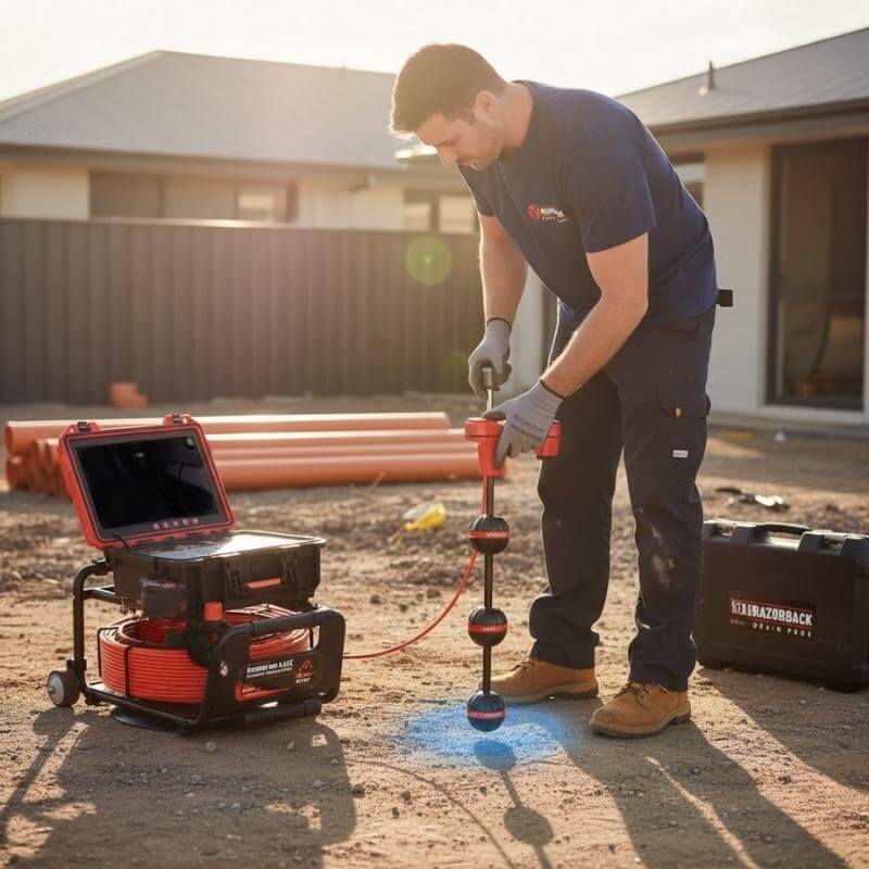An Australian plumber using a Razorback Sonde Drain Camera and locator device on a sunny outdoor site to detect an underground blockage.