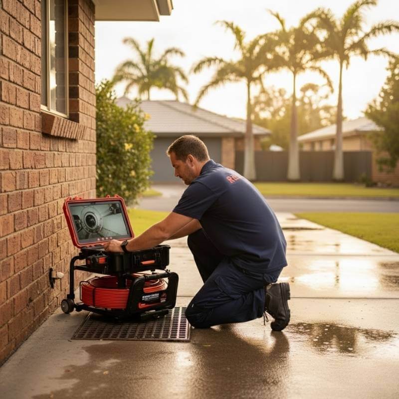 Queensland plumber using a Razorback Drain Camera beside a stormwater drain