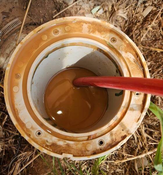 The drain camera cable is inserted into the drain pipe for inspection.