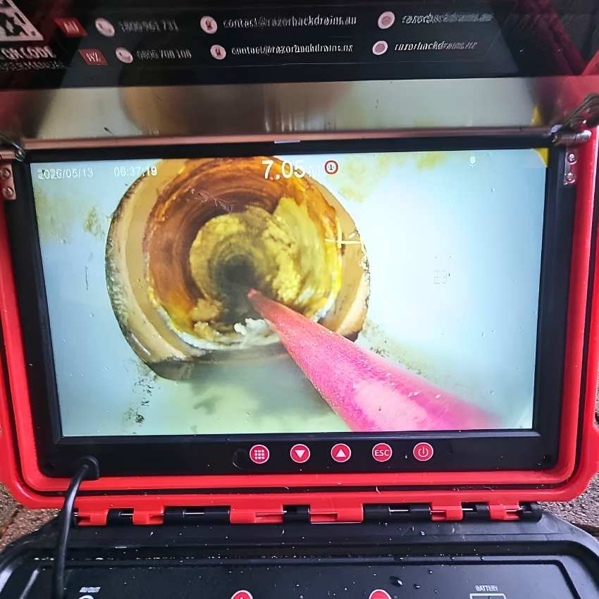 A blockage was identified by the Razorback drain cameras